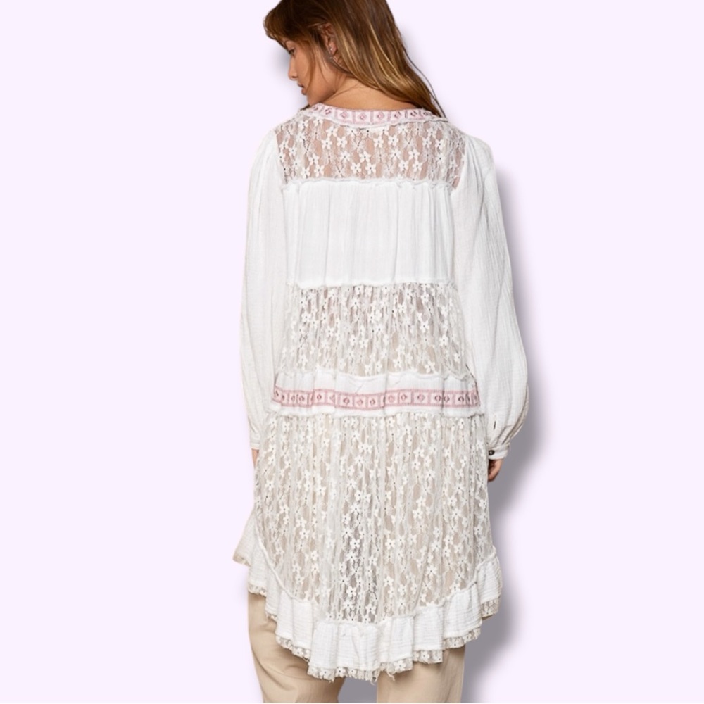 POL Tiered Ditsy Print Long Sleeve Lace Embroidered Kimono - Picture 2 of 10